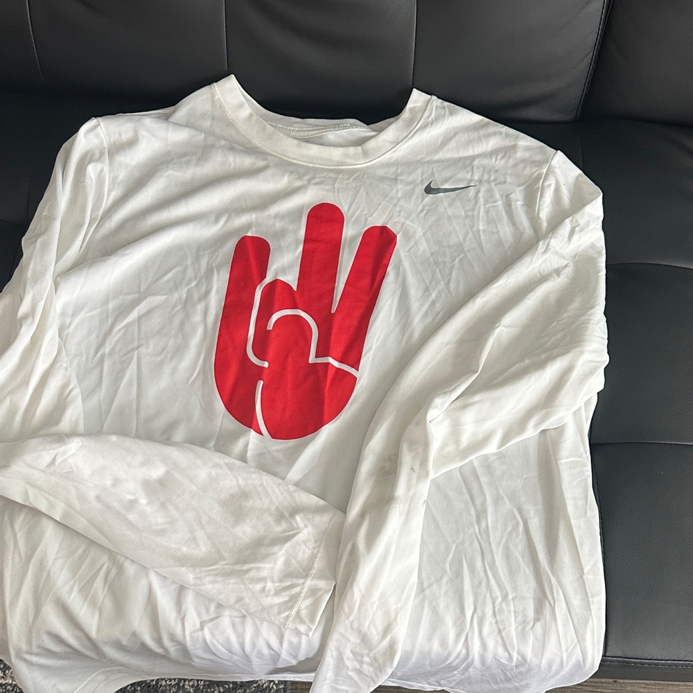 Nike White Shirt with Red Peace Graphic